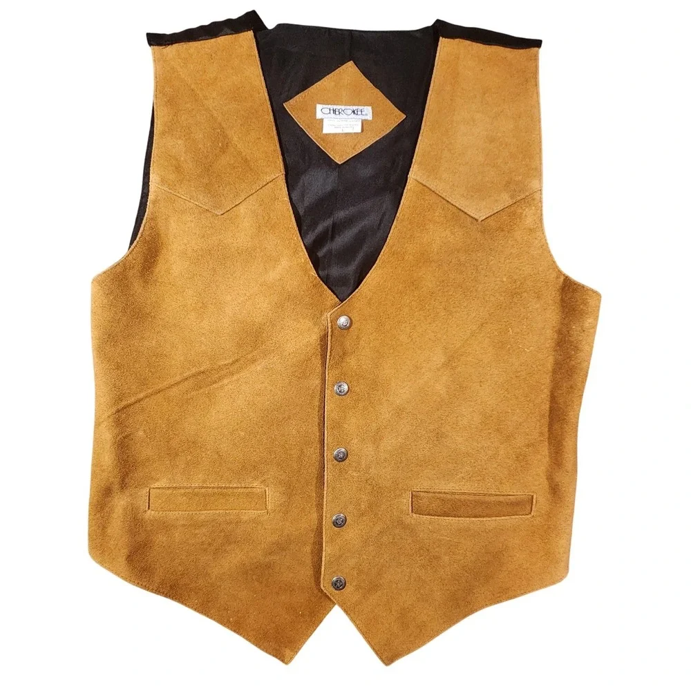 Cherokee Leather Vest Mens Large Brown Suede Western Concho Buttons V-Neck Lined